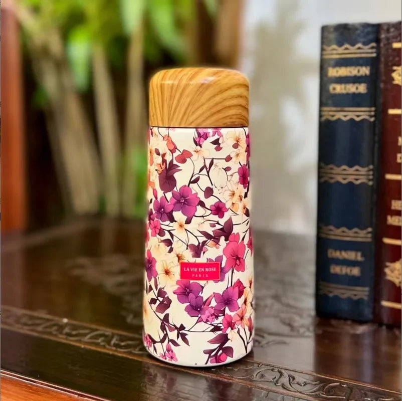 Gourde Liva 180 ml motif floral rose, inox isotherme chaud et froid, compacte et élégante