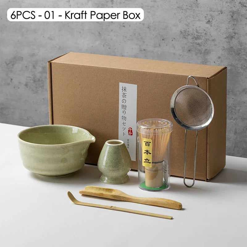 Coffret cadeau - Ensemble de cérémonie du thé japonais Matcha 4/5/6/7 pièces, bol en céramique Chawan, fouet en bambou et cuillère à thé, kit d'outils Matcha pour les amateurs de thé