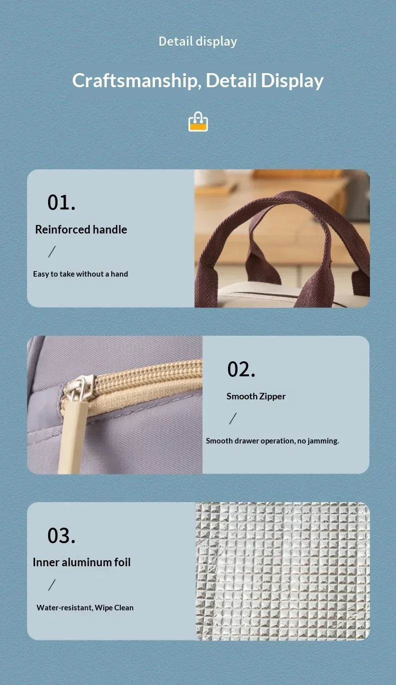 Sac isolé à la mode, sac à déjeuner, sac à Bento, porte une boîte à déjeuner pour travailler ou l'école, sac à main, sac isolé en aluminium épais