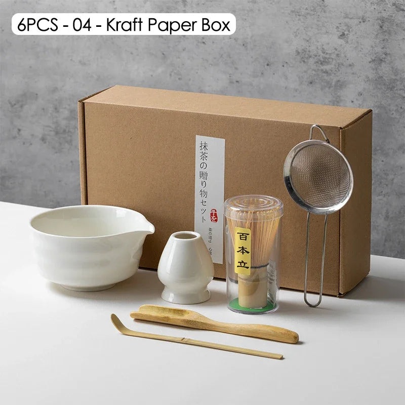 Coffret cadeau - Ensemble de cérémonie du thé japonais Matcha 4/5/6/7 pièces, bol en céramique Chawan, fouet en bambou et cuillère à thé, kit d'outils Matcha pour les amateurs de thé