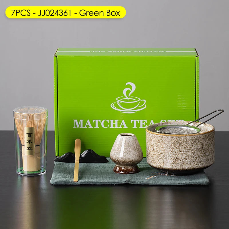 Coffret cadeau - Ensemble de cérémonie du thé japonais Matcha 4/5/6/7 pièces, bol en céramique Chawan, fouet en bambou et cuillère à thé, kit d'outils Matcha pour les amateurs de thé