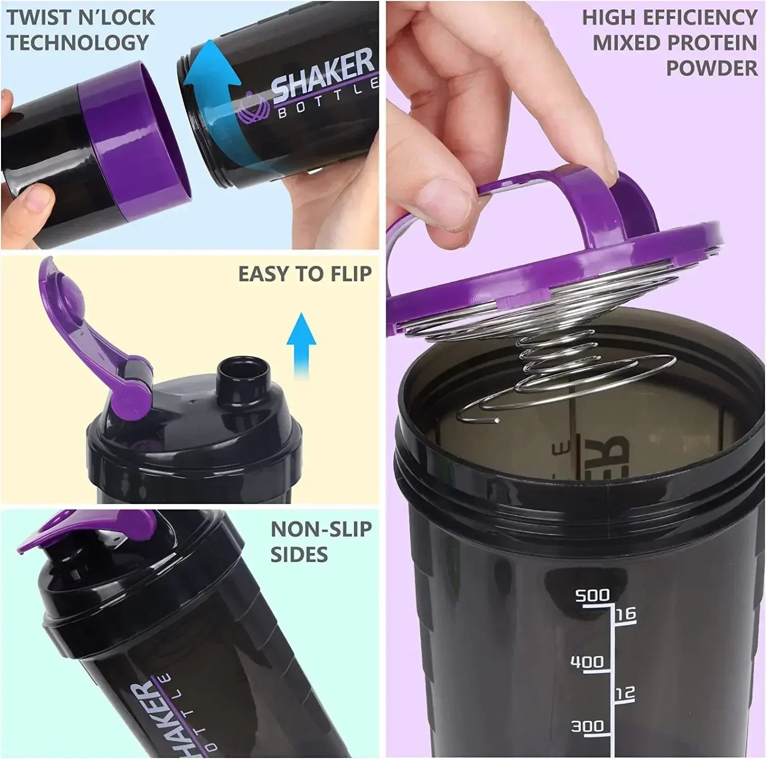 Bouteille de protéines SPIDER 500ml, Shaker de poudre avec récipient de stockage de poudre, grande bouteille d'eau avec boule d'agitation en fil