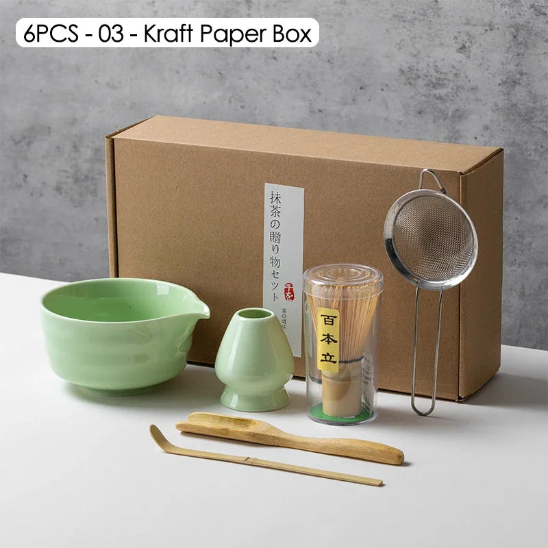 Coffret cadeau - Ensemble de cérémonie du thé japonais Matcha 4/5/6/7 pièces, bol en céramique Chawan, fouet en bambou et cuillère à thé, kit d'outils Matcha pour les amateurs de thé