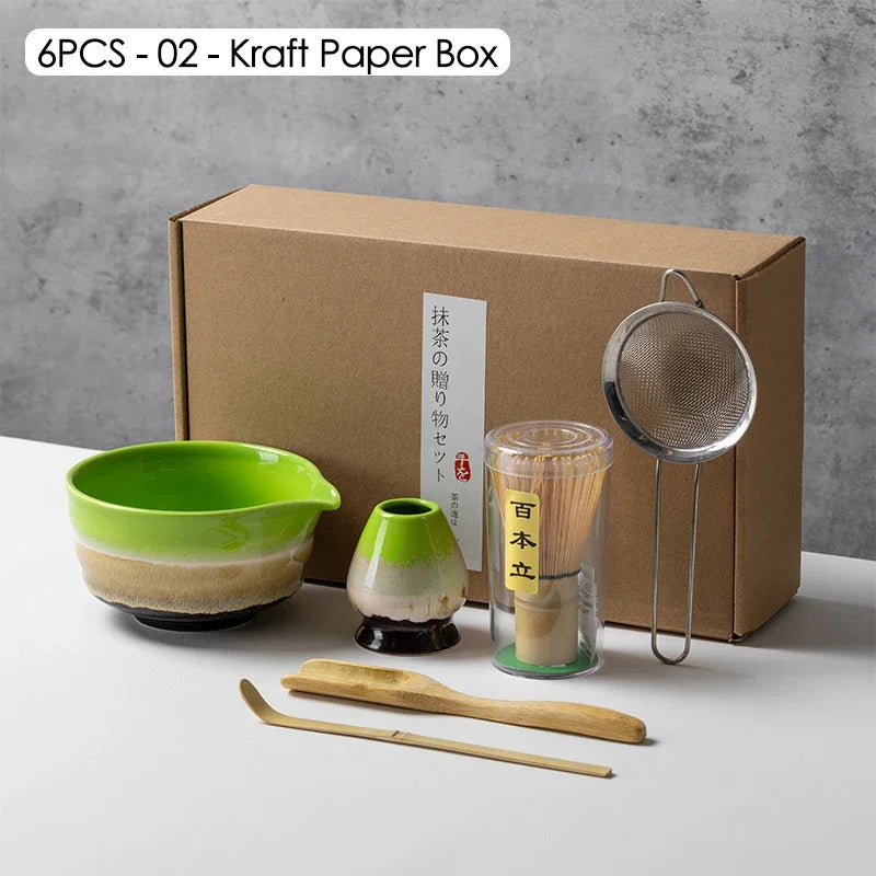 Coffret cadeau - Ensemble de cérémonie du thé japonais Matcha 4/5/6/7 pièces, bol en céramique Chawan, fouet en bambou et cuillère à thé, kit d'outils Matcha pour les amateurs de thé