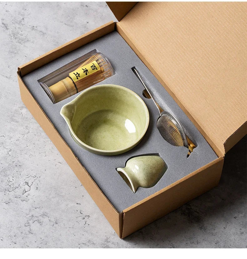 Coffret cadeau - Ensemble de cérémonie du thé japonais Matcha 4/5/6/7 pièces, bol en céramique Chawan, fouet en bambou et cuillère à thé, kit d'outils Matcha pour les amateurs de thé