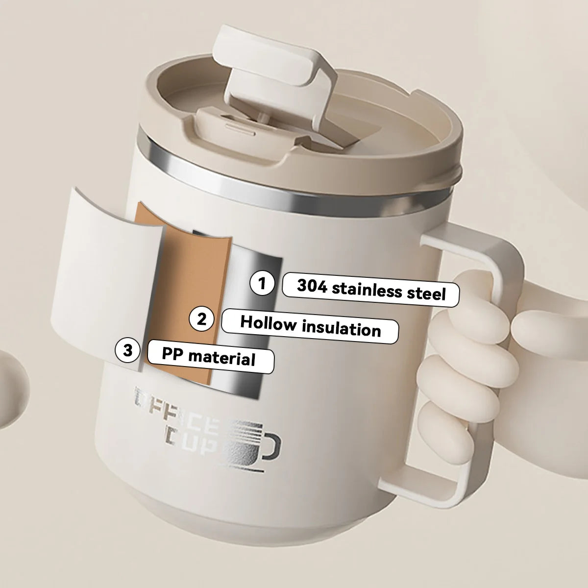 Tasse thermos 400 ml en acier inoxydable double paroi avec poignée et couvercle