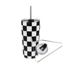 Gobelet isotherme DAYA 500 ml — damier noir et blanc avec accessoires.