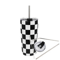 Gobelet isotherme DAYA 500 ml — damier noir et blanc avec accessoires.