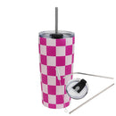 Gobelet isotherme DAYA 500 ml — damier rose et blanc avec accessoires.