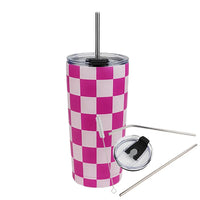 Gobelet isotherme DAYA 500 ml — damier rose et blanc avec accessoires.