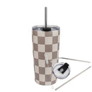 Gobelet isotherme DAYA 500 ml — damier taupe et crème avec accessoires.