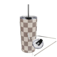 Gobelet isotherme DAYA 500 ml — damier taupe et crème avec accessoires.