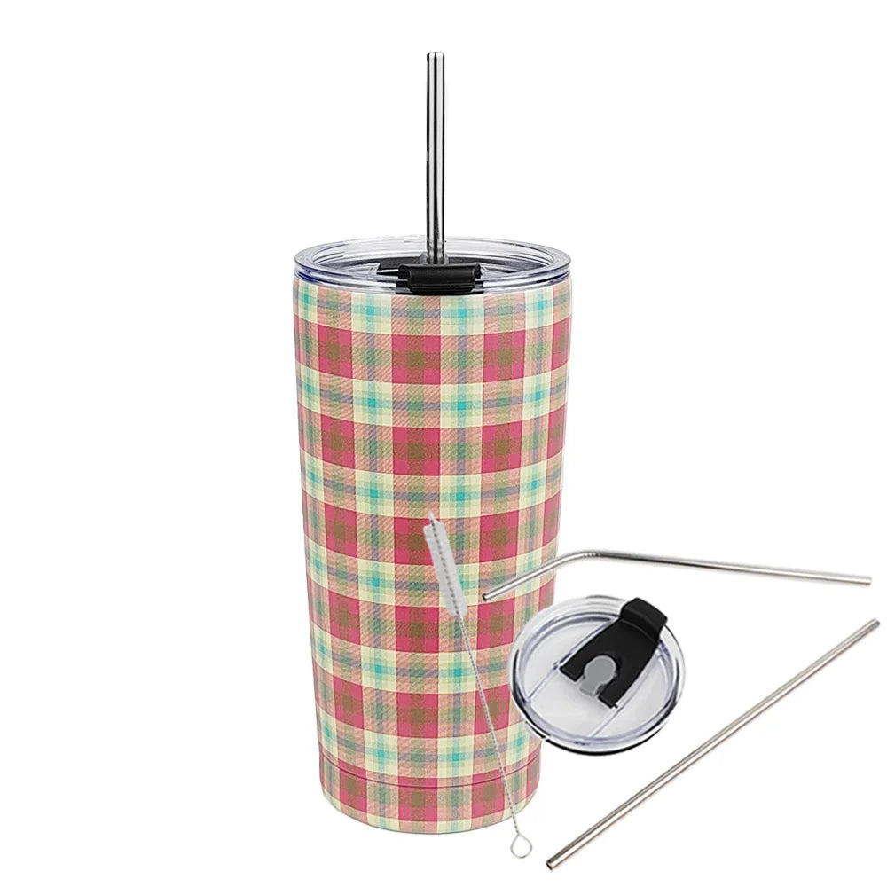 Gobelet isotherme DAYA 500 ml — motif écossais vert et rouge avec accessoires.