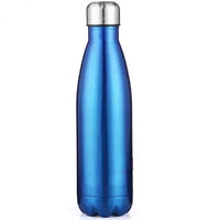 Gourde inox isotherme SILO — bleu métallisé avec bouchon argenté.