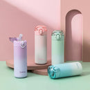 Gourdes inox avec paille FEEL, présentées en violet, rose, vert et bleu pastel