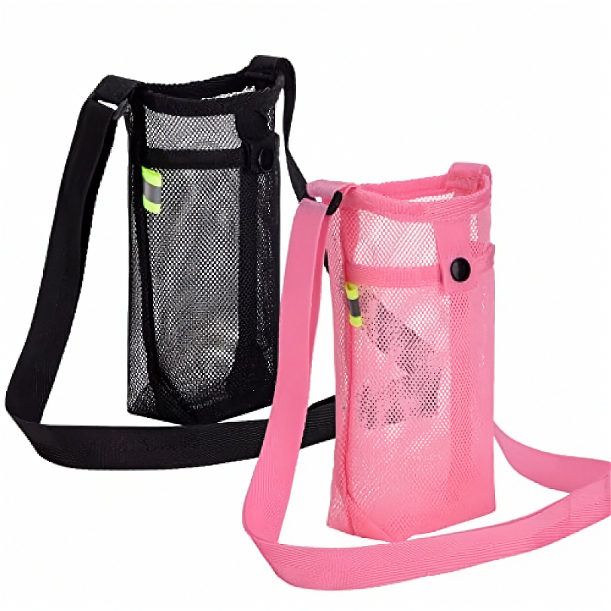 Porte-gourde bandoulière en maille SENA — duo noir et rose sur fond blanc.