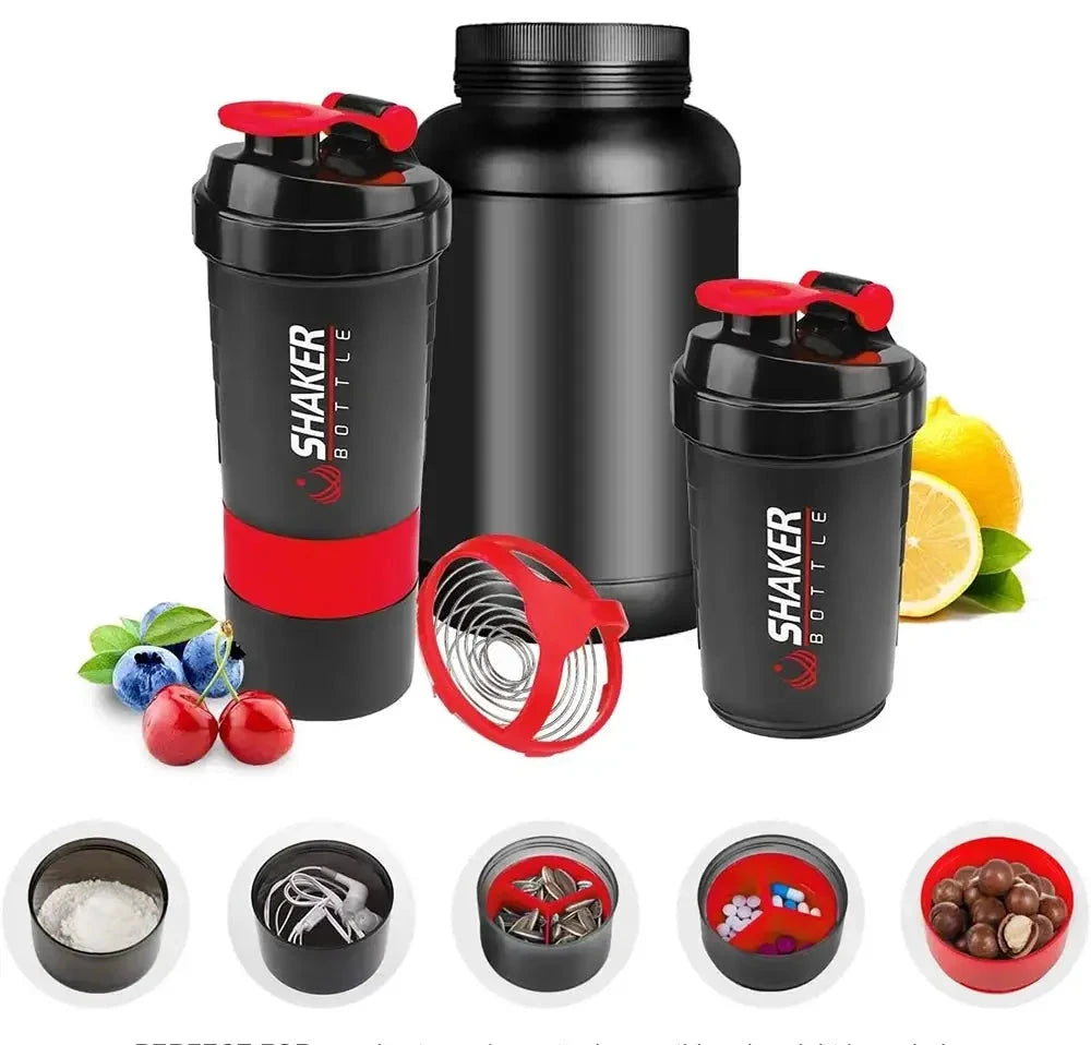 Shaker à protéines VITA avec compartiments — modèle rouge présenté avec accessoires et ingrédients.