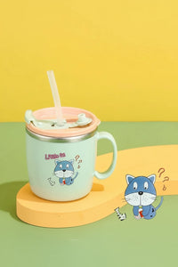 Stock 304 Stainless Steel Children’s Water Cup with Cover Double Anti scalding Anti drop Cartoon Milk Cup Straw Thermos