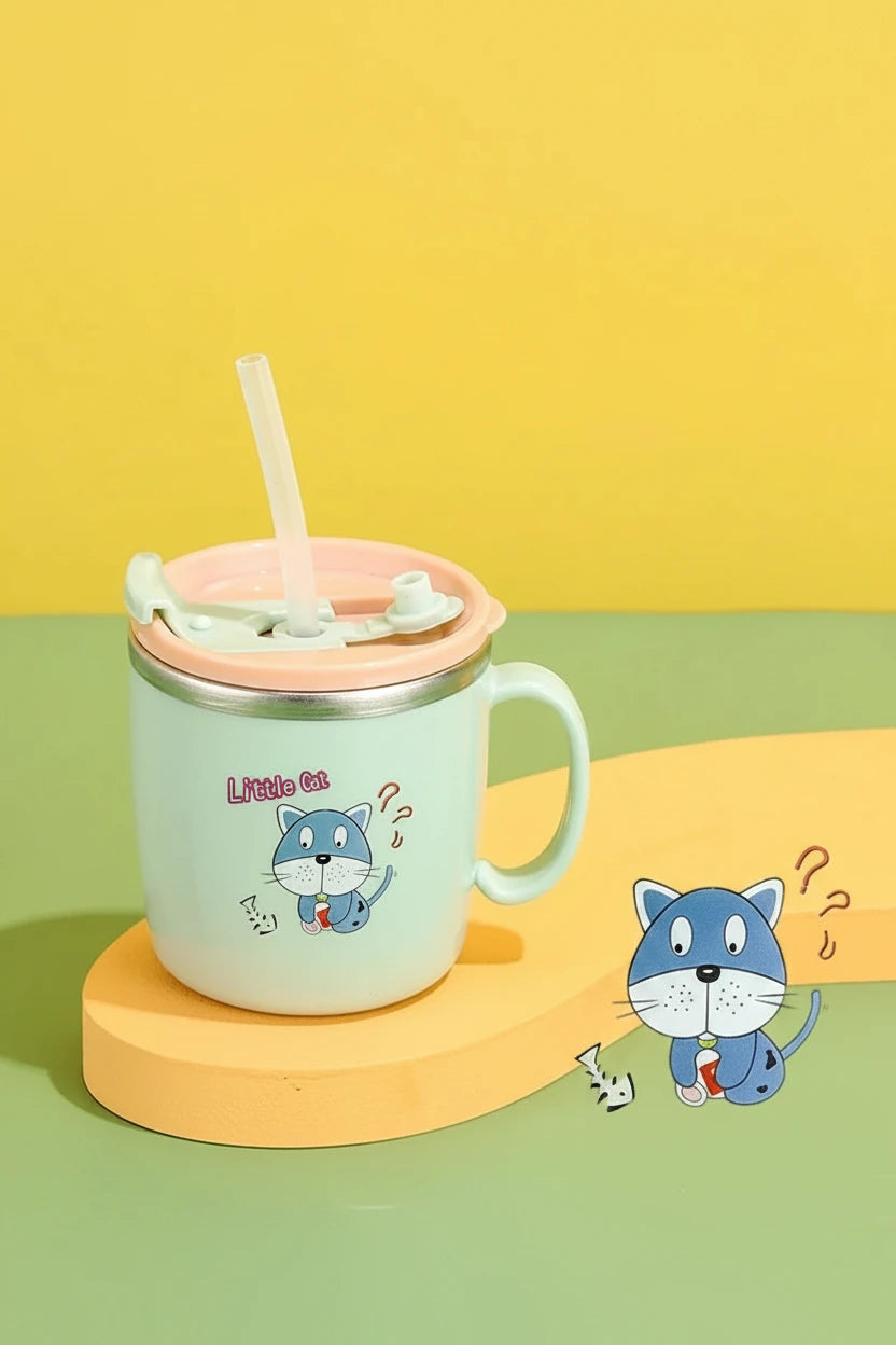 Stock 304 Stainless Steel Children’s Water Cup with Cover Double Anti scalding Anti drop Cartoon Milk Cup Straw Thermos