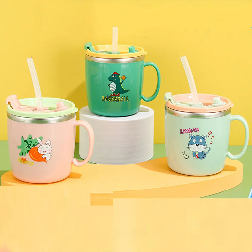 Stock 304 Stainless Steel Children's Water Cup with Lid Double Anti-scald Anti-drop Cartoon Milk Cup Straw Thermos Cup