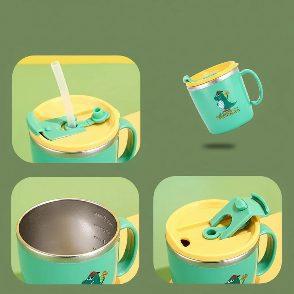 Stock 304 Stainless Steel Children’s Water Cup with Cover Double Anti scalding Anti drop Cartoon Milk Cup Straw Thermos